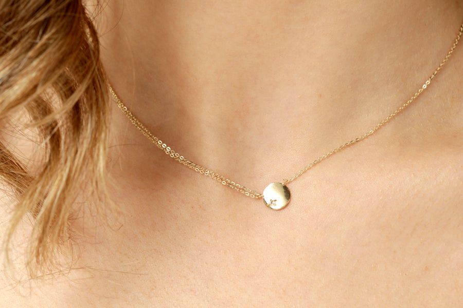 9ct Gold Curved Flat Disc with Crystal Choker Necklace