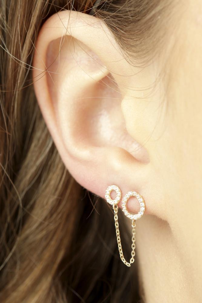 9ct Gold Chain Linked Gem Discs Double Stud Earring - ZuZu Jewellery