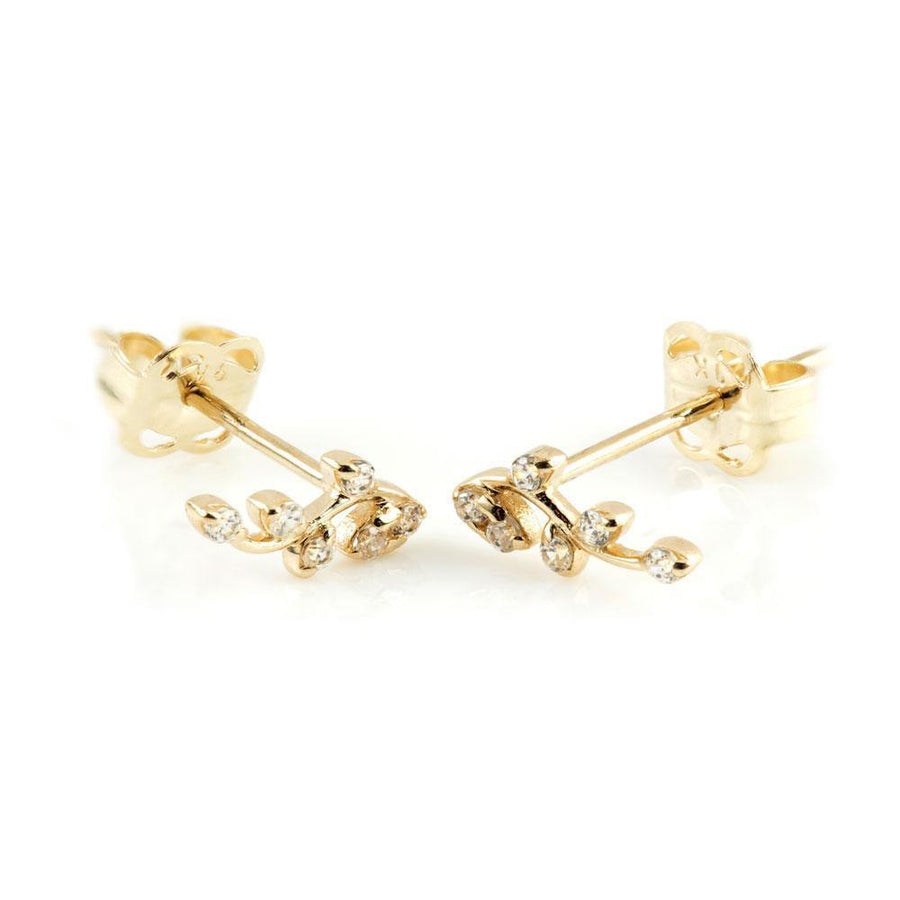 9ct Yellow Gold CZ Crystal Vine Leaf Stud Earring - ZuZu Jewellery