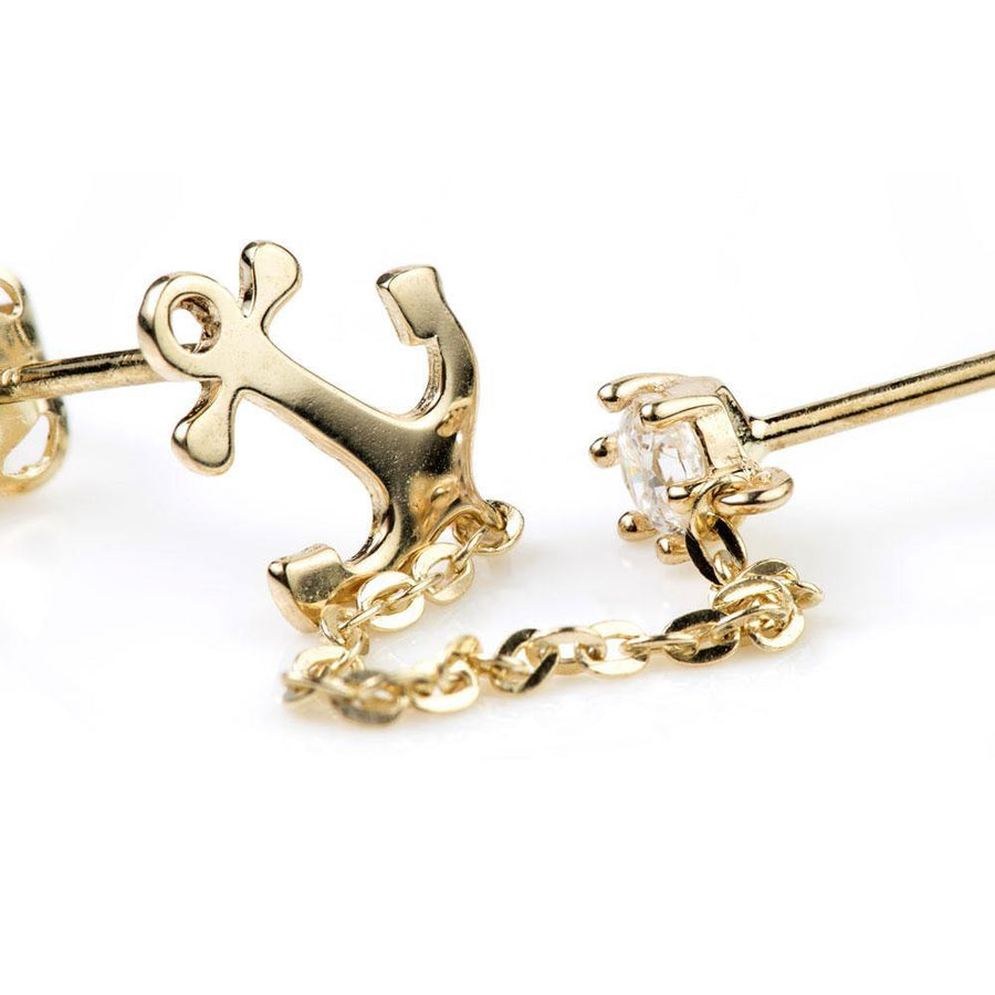 9ct Gold Crystal & Anchor Chain Linked Double Earring - ZuZu Jewellery