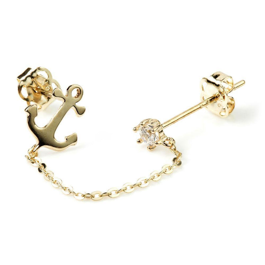 9ct Gold Crystal & Anchor Chain Linked Double Earring - ZuZu Jewellery