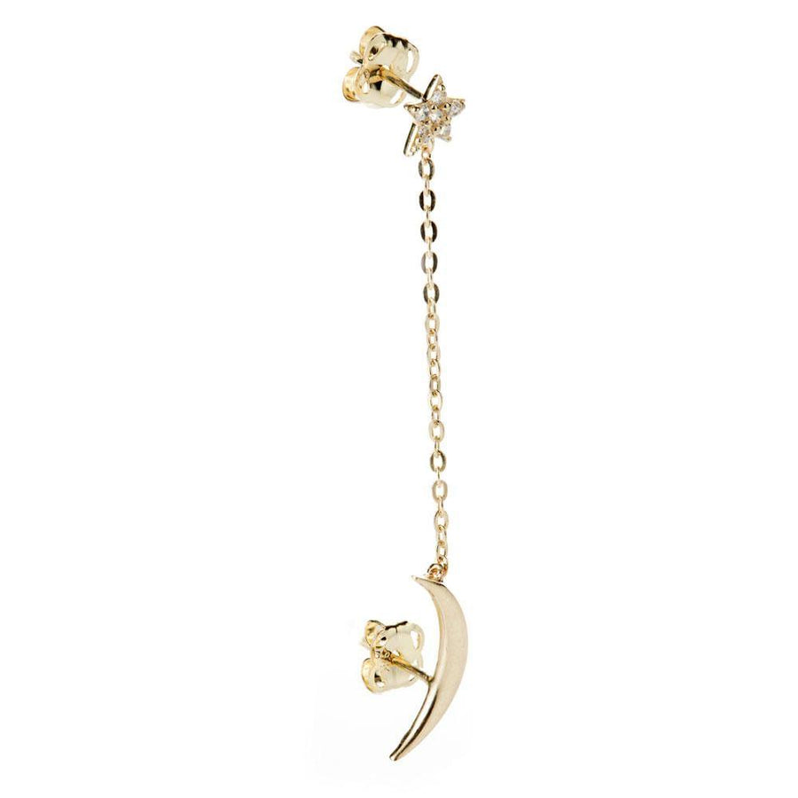 9ct Gold Moon & Pave Crystal Star Chain Linked Stud Earring - ZuZu Jewellery