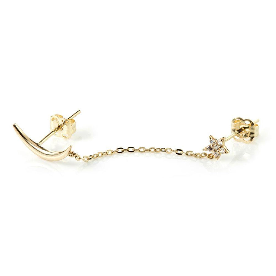 9ct Gold Moon & Pave Crystal Star Chain Linked Stud Earring - ZuZu Jewellery