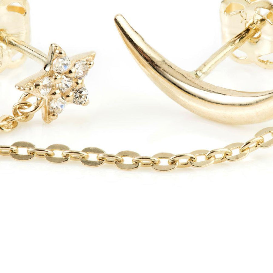 9ct Gold Moon & Pave Crystal Star Chain Linked Stud Earring - ZuZu Jewellery