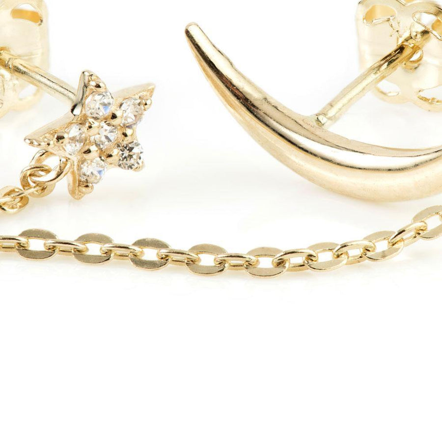 9ct Gold Moon & Pave Crystal Star Chain Linked Stud Earring - ZuZu Jewellery