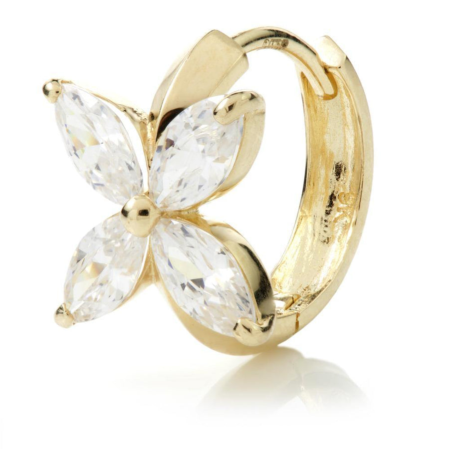 9ct Yellow Gold CZ Crystal Flower 12mm Hoop Earring - ZuZu Jewellery