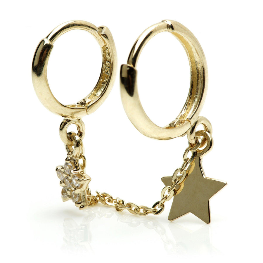 9ct Gold Double Piercing Chain-linked Star Huggie Hoop Earring - ZuZu Jewellery