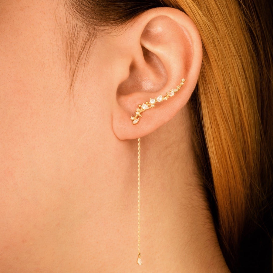 9ct Yellow Gold Multi Shaped Gems & Hanging Gem Ear Climber Earrings Studs