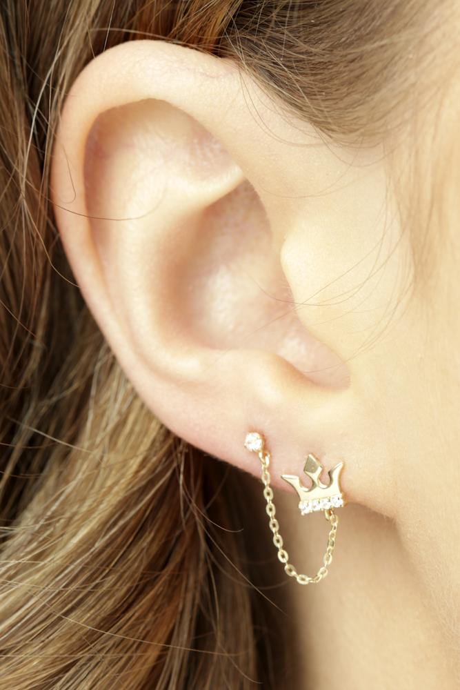9ct Gold Gem Crown Chain Linked Double Stud Earring - ZuZu Jewellery