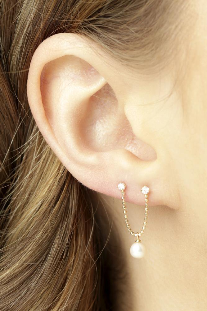 9ct Gold Chain Crystal & Pearl Double Stud Earring - ZuZu Jewellery