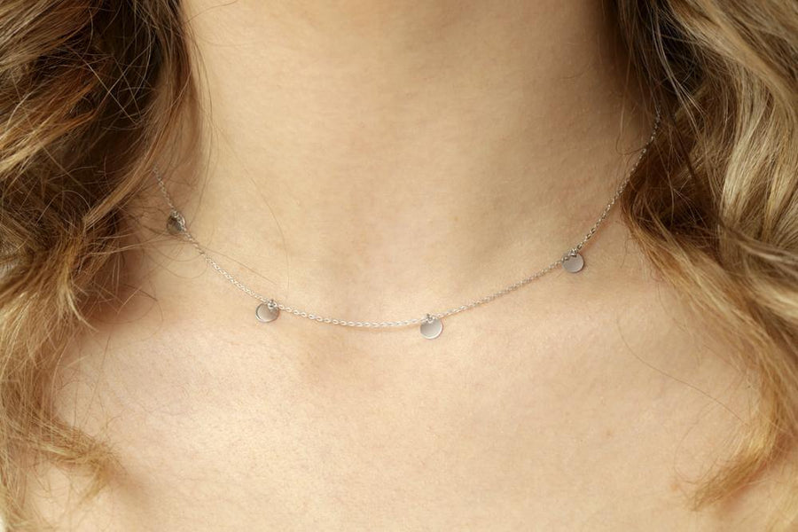 9ct White Gold Dainty Circle Charm Choker Necklace - ZuZu Jewellery
