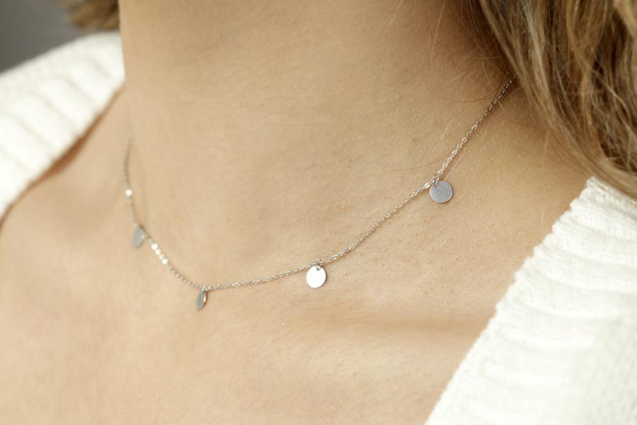 9ct White Gold Dainty Circle Charm Choker Necklace - ZuZu Jewellery