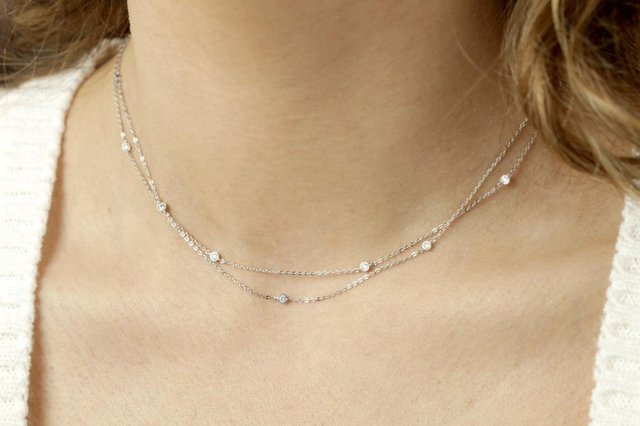 9ct White Gold Double Chain Crystal Choker Necklace - ZuZu Jewellery