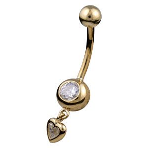 9ct Gold CZ Gem Drop Heart Belly Navel Bar - ZuZu Jewellery