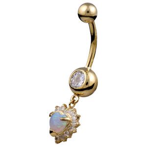 9ct Gold CZ Crystal Gem and Opal Belly Navel Bar - ZuZu Jewellery