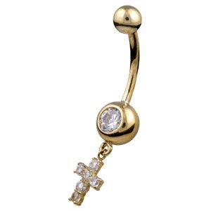 9ct Gold CZ Gem Drop Cross Belly Navel Bar - ZuZu Jewellery