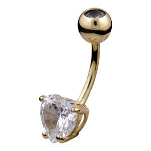 9ct Gold Large CZ Heart Gem Belly Navel Bar - ZuZu Jewellery