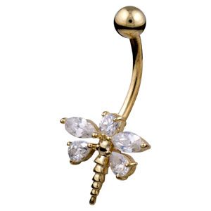 9ct Gold CZ Gem Dragonfly Belly Navel Bar - ZuZu Jewellery