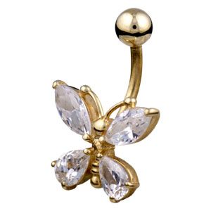 9ct Gold CZ Gem Butterfly Belly Navel Bar - ZuZu Jewellery