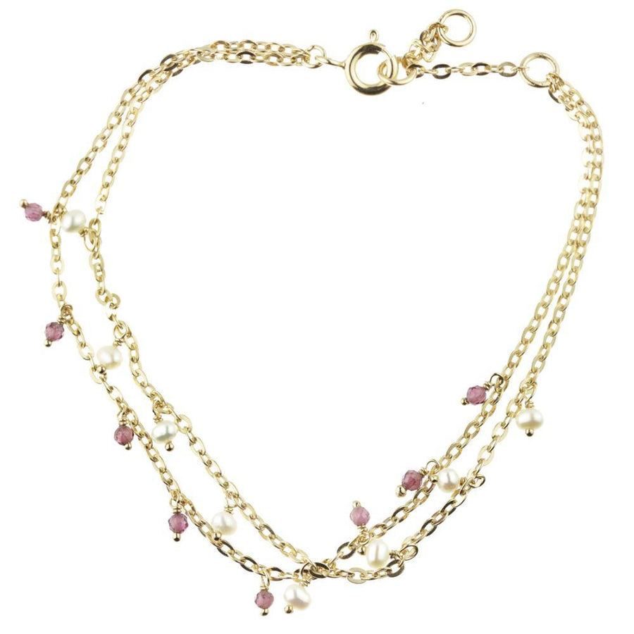 Gold Garnet & Pearl Double Gem Chain Bracelet - ZuZu Jewellery