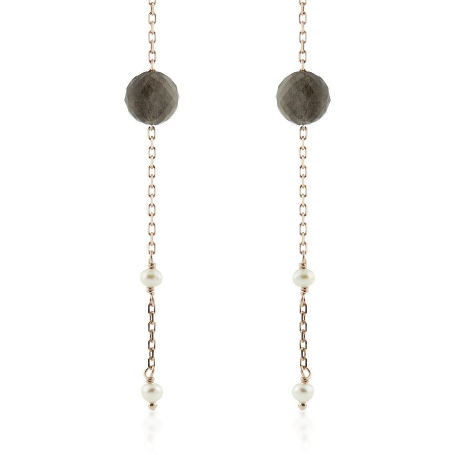 Maia Rose Gold Vermeil Black Labradorite & Pearl Threader Earrings - ZuZu Jewellery