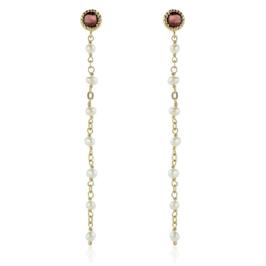 Aphrodite Gold Gem Stud Earring with Chain - Garnet & Pearl - ZuZu Jewellery
