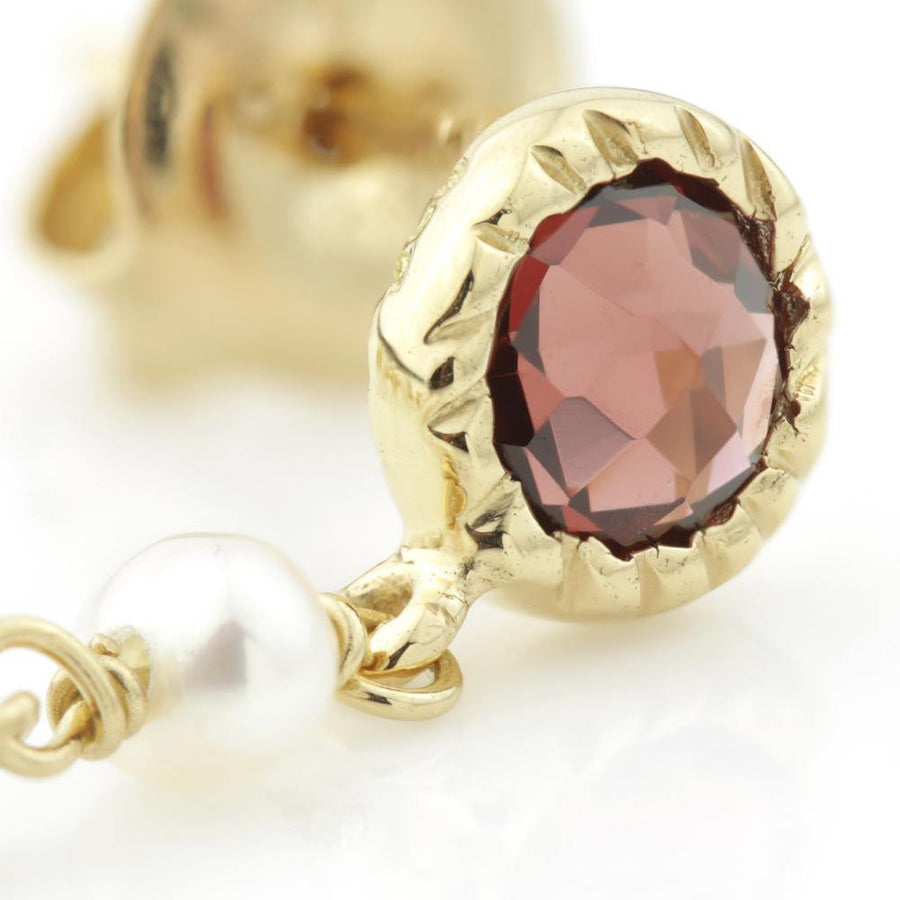 Aphrodite Gold Gem Stud Earring with Chain - Garnet & Pearl - ZuZu Jewellery