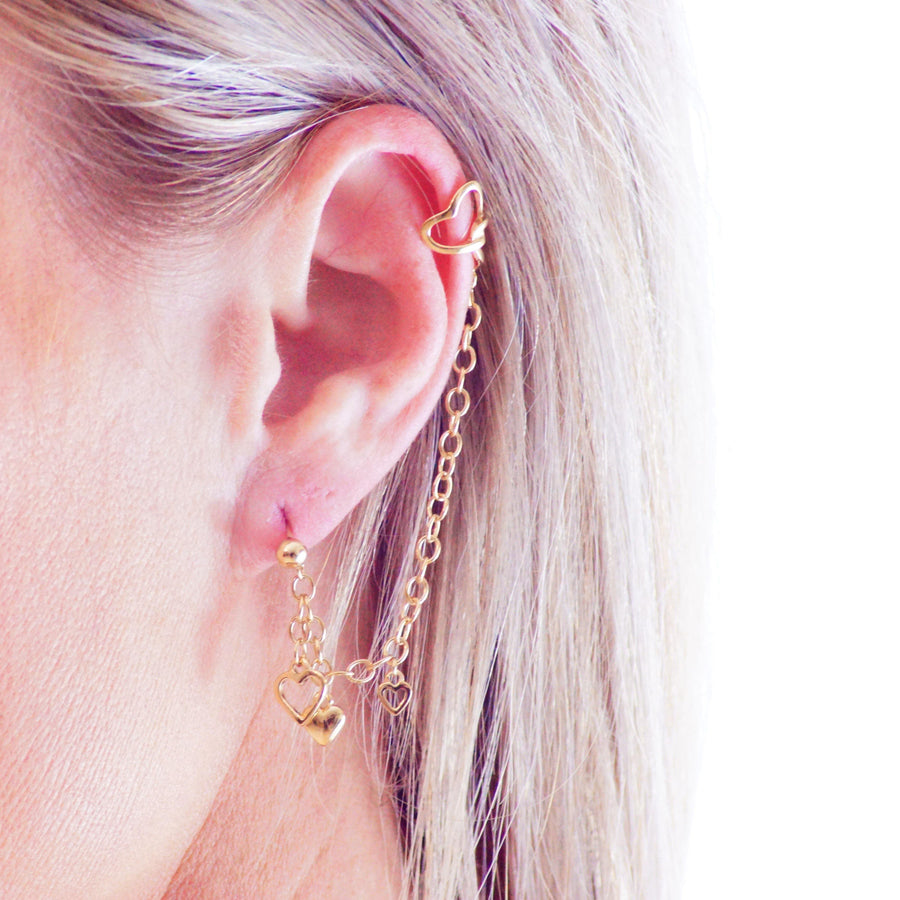 Gold Ball Stud Heart Chain Ear Cuff - ZuZu Jewellery