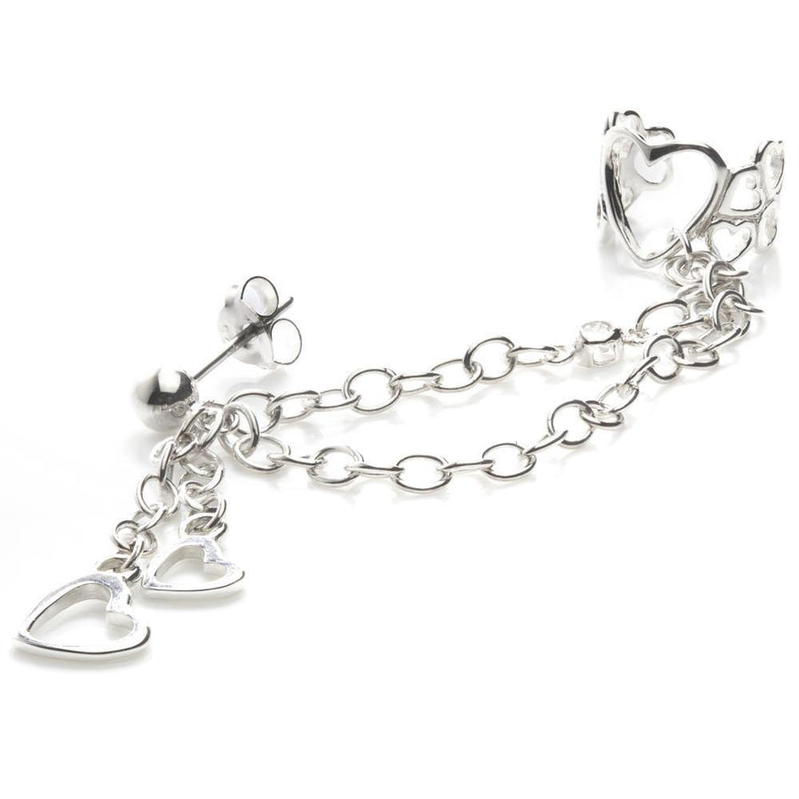 Sterling Silver Stud Hanging Hearts Chain Ear Cuff - ZuZu Jewellery