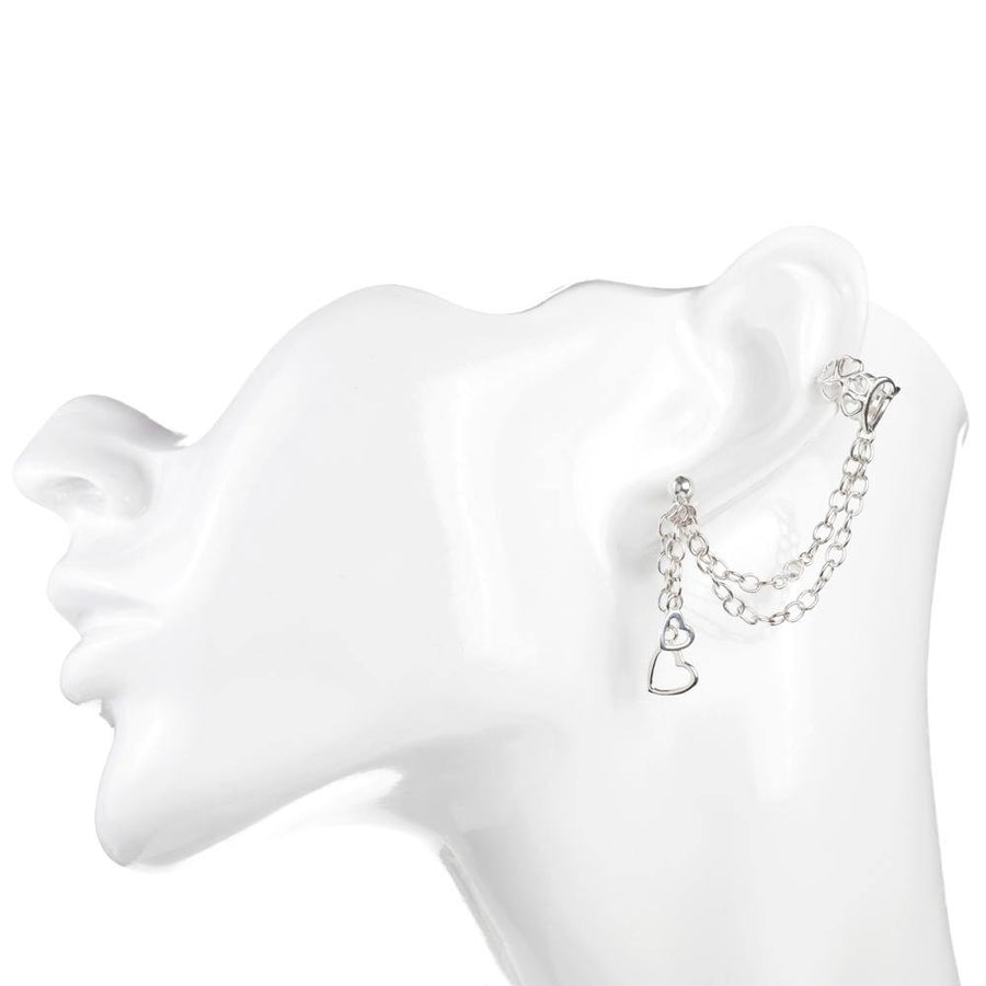 Sterling Silver Stud Hanging Hearts Chain Ear Cuff - ZuZu Jewellery
