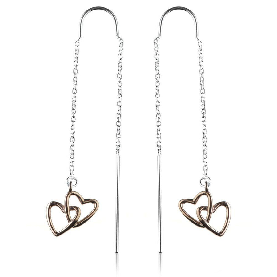 Sterling Silver Threader Earrings with Rose Gold Hearts - ZuZu Jewellery