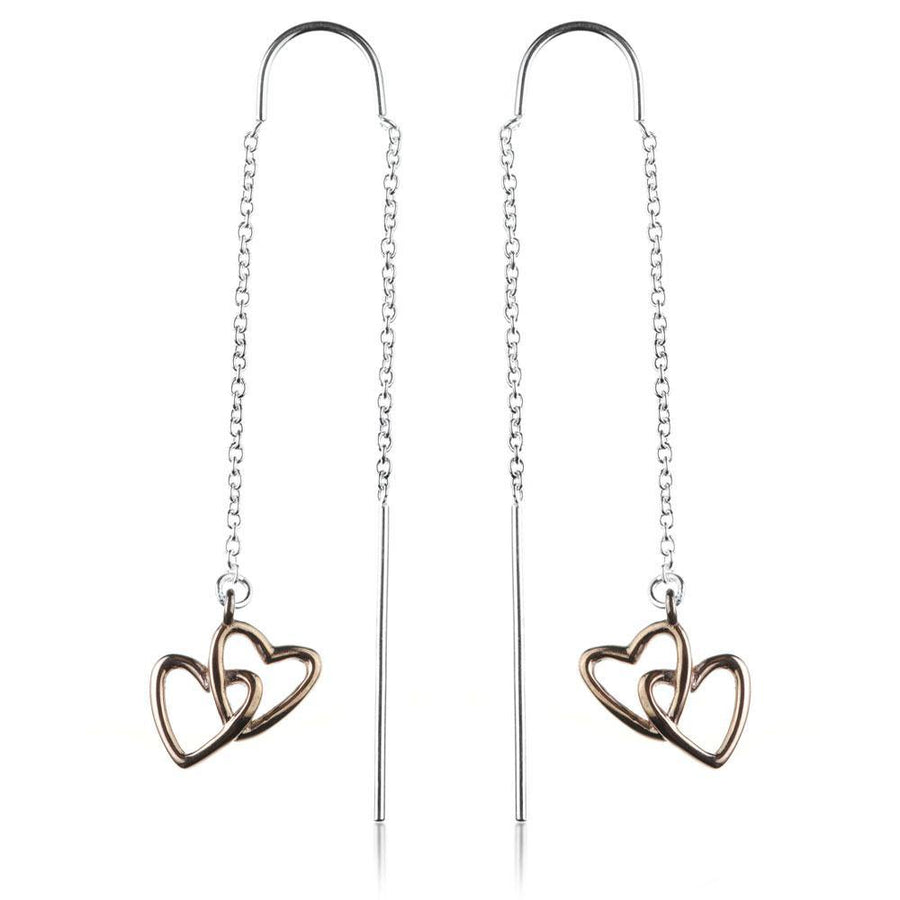 Sterling Silver Threader Earrings with Rose Gold Hearts - ZuZu Jewellery
