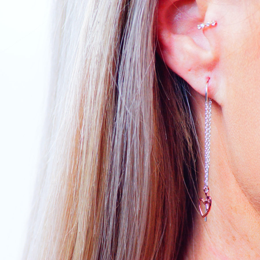 Sterling Silver Threader Earrings with Rose Gold Hearts - ZuZu Jewellery