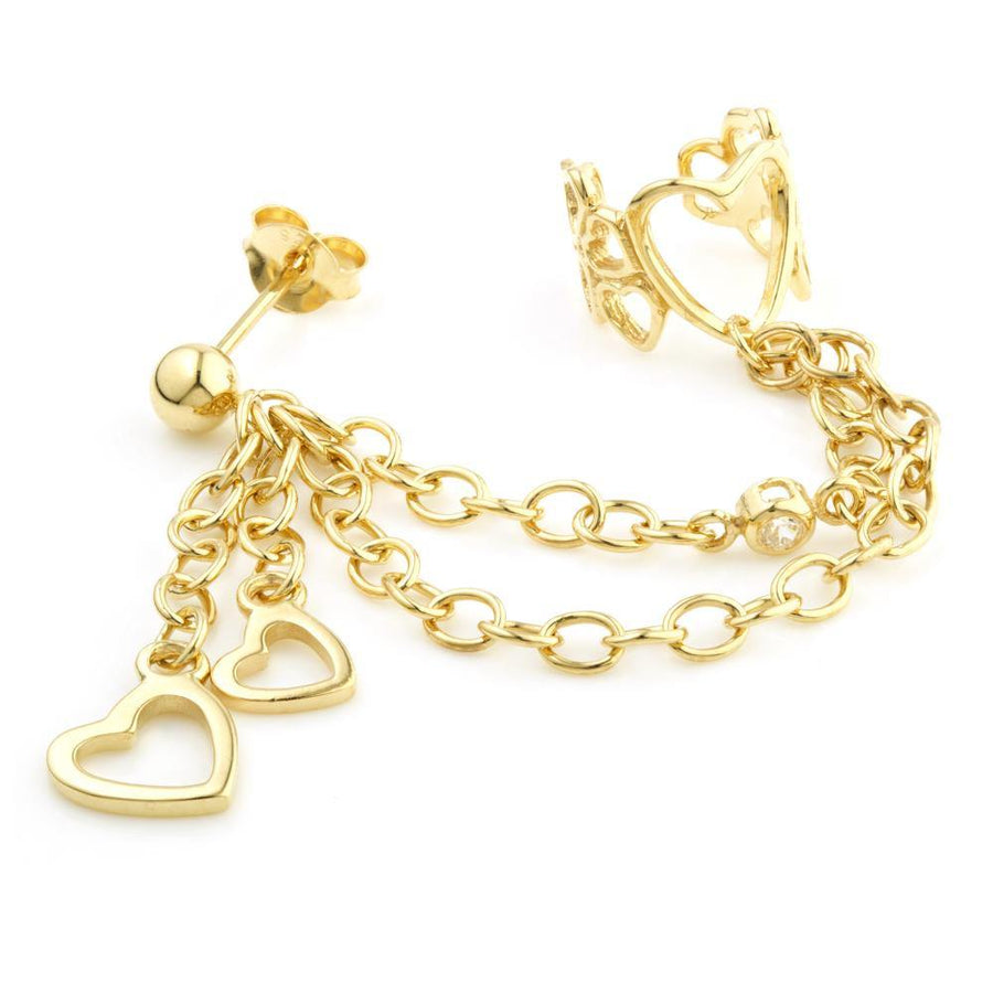 Gold Ball Stud Hanging Hearts Chain Ear Cuff - ZuZu Jewellery
