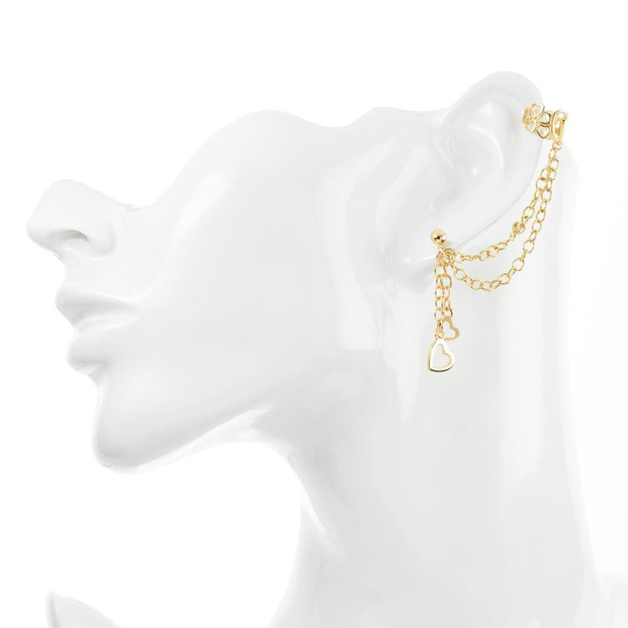Gold Ball Stud Hanging Hearts Chain Ear Cuff - ZuZu Jewellery