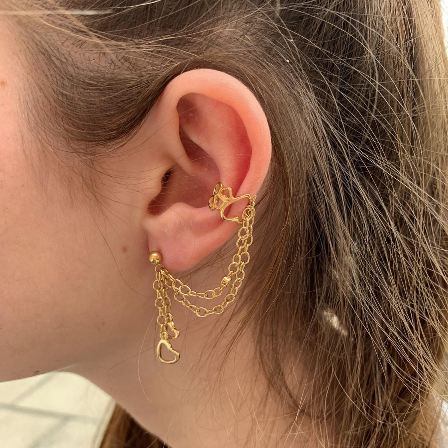 Gold Ball Stud Hanging Hearts Chain Ear Cuff - ZuZu Jewellery