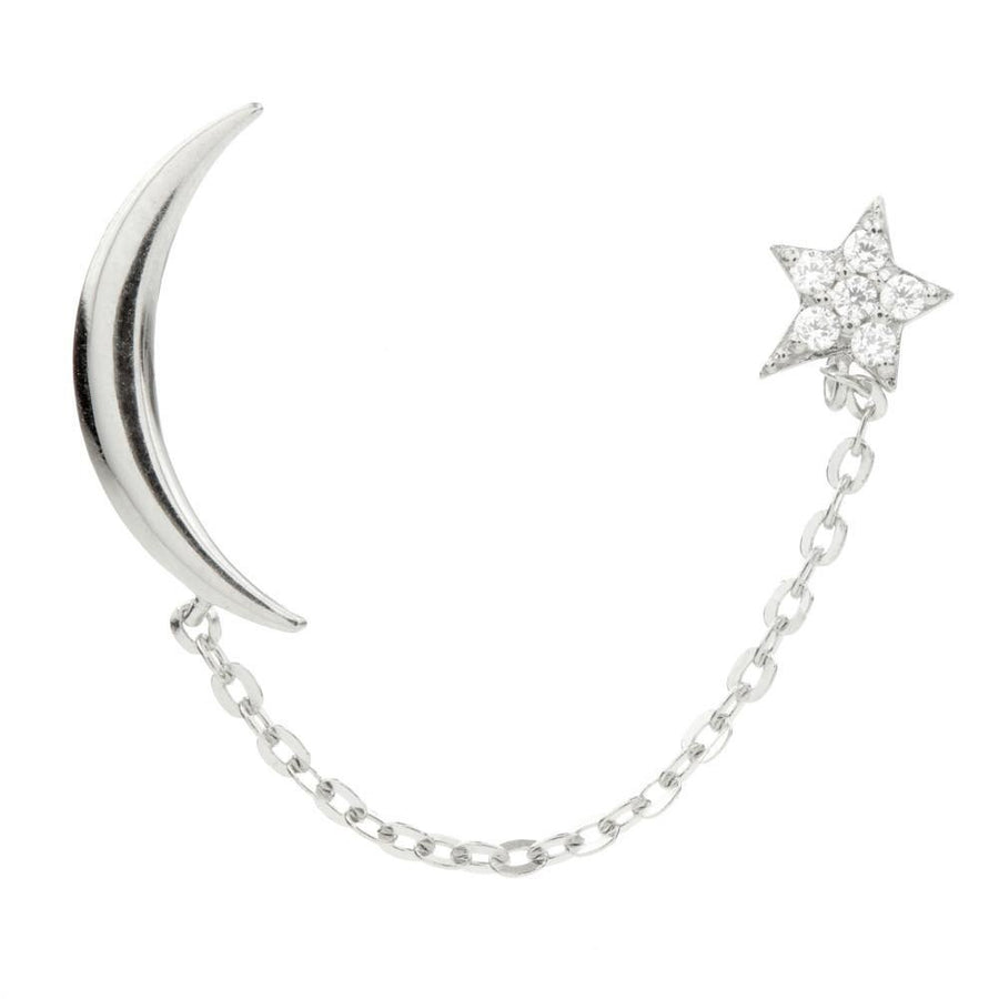 9ct Gold Moon & Pave Crystal Star Chain Linked Stud Earring
