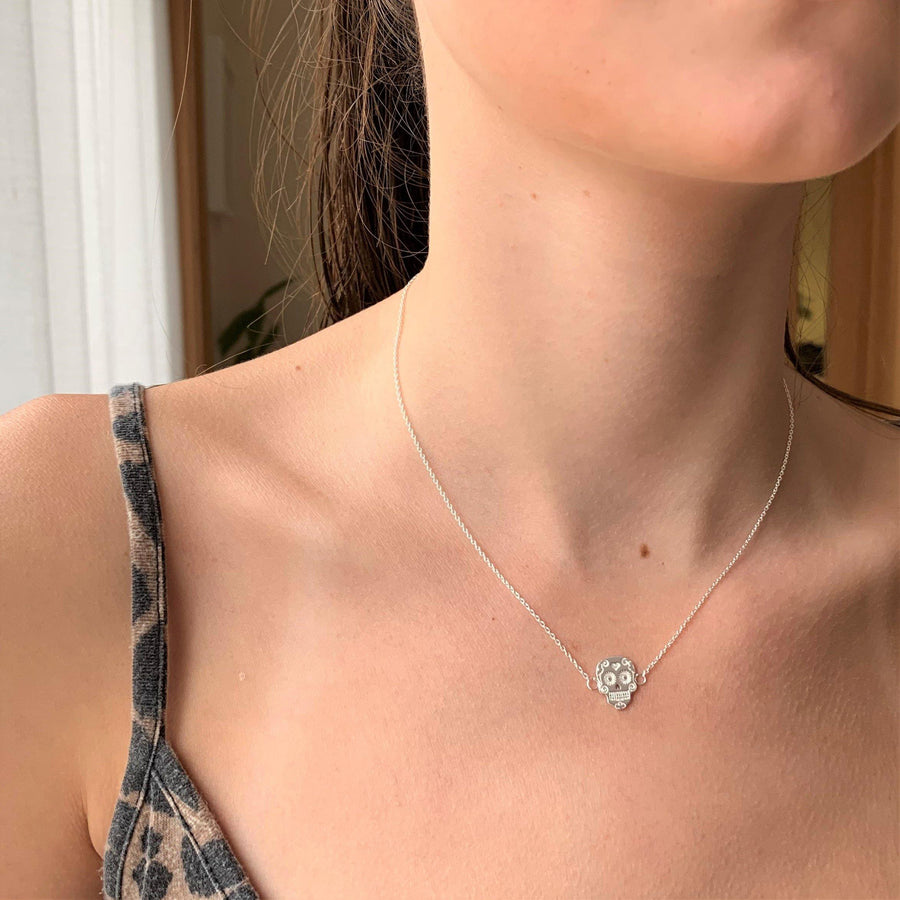 Steel Sugar Skull Pendant Necklace - ZuZu Jewellery