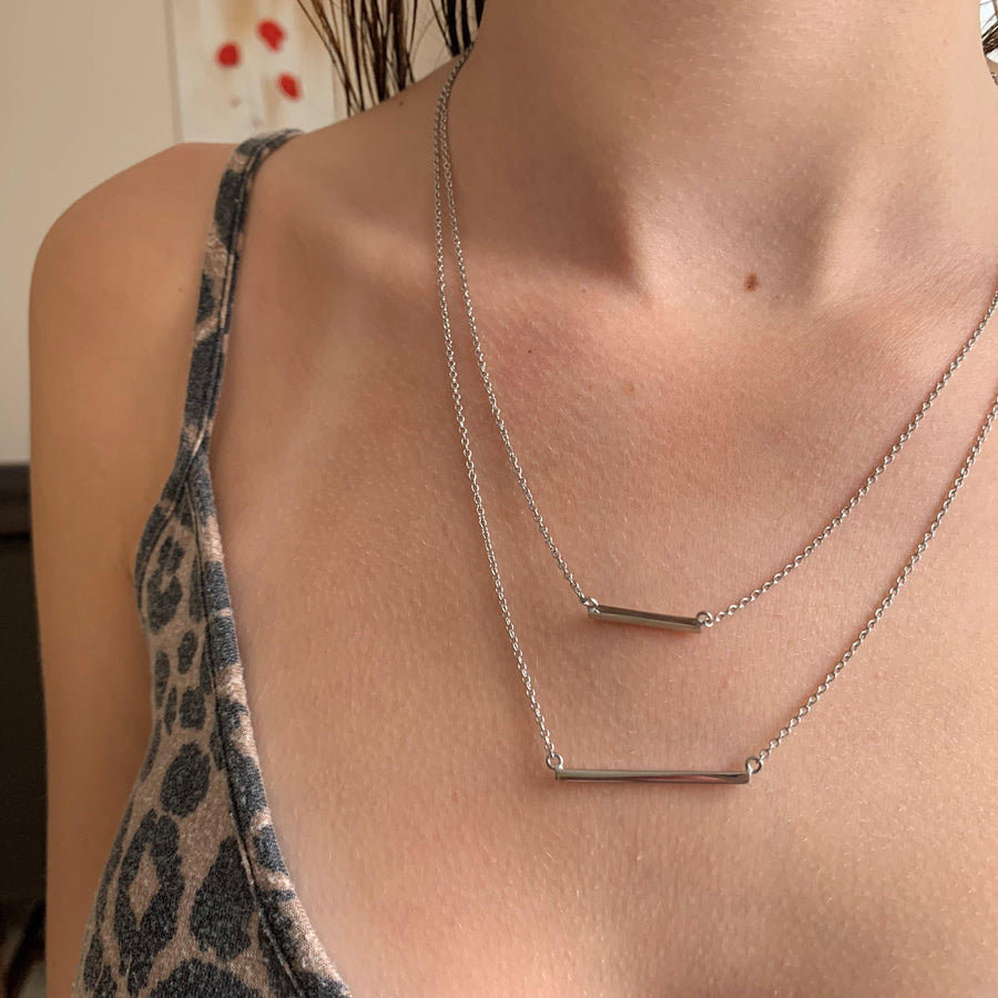 Sterling Silver Bar Double Chain Layered Necklace - ZuZu Jewellery