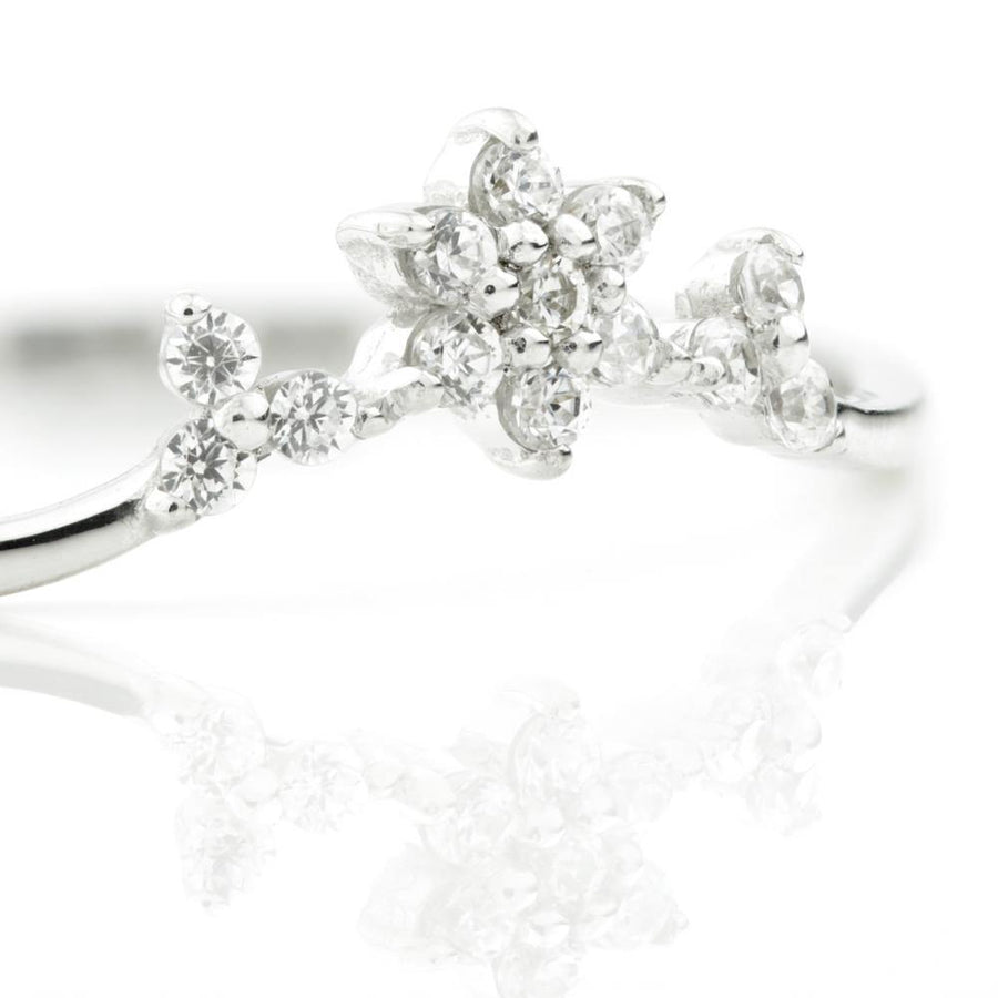 9ct White Gold Crystal Flower Chevron Stacking Ring - ZuZu Jewellery