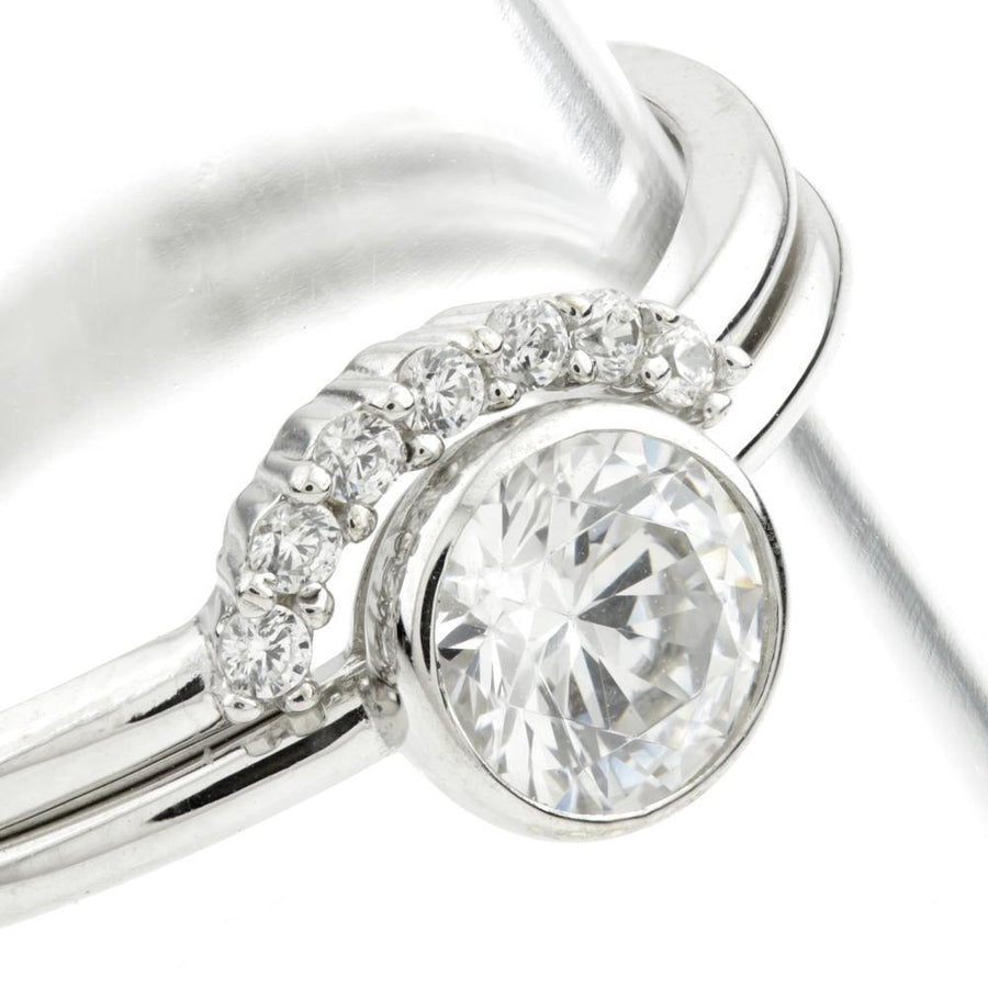 9ct White Gold Round Crystal & Curve Stacking Ring Set (2 rings) - ZuZu Jewellery