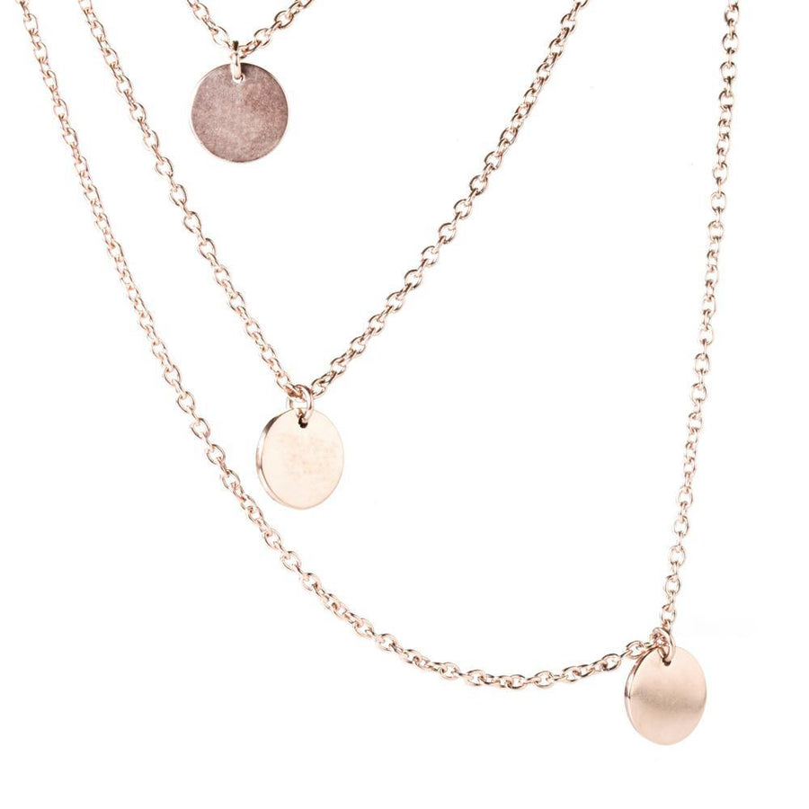 Rose Gold Steel Triple Coin Layered Necklace - ZuZu Jewellery