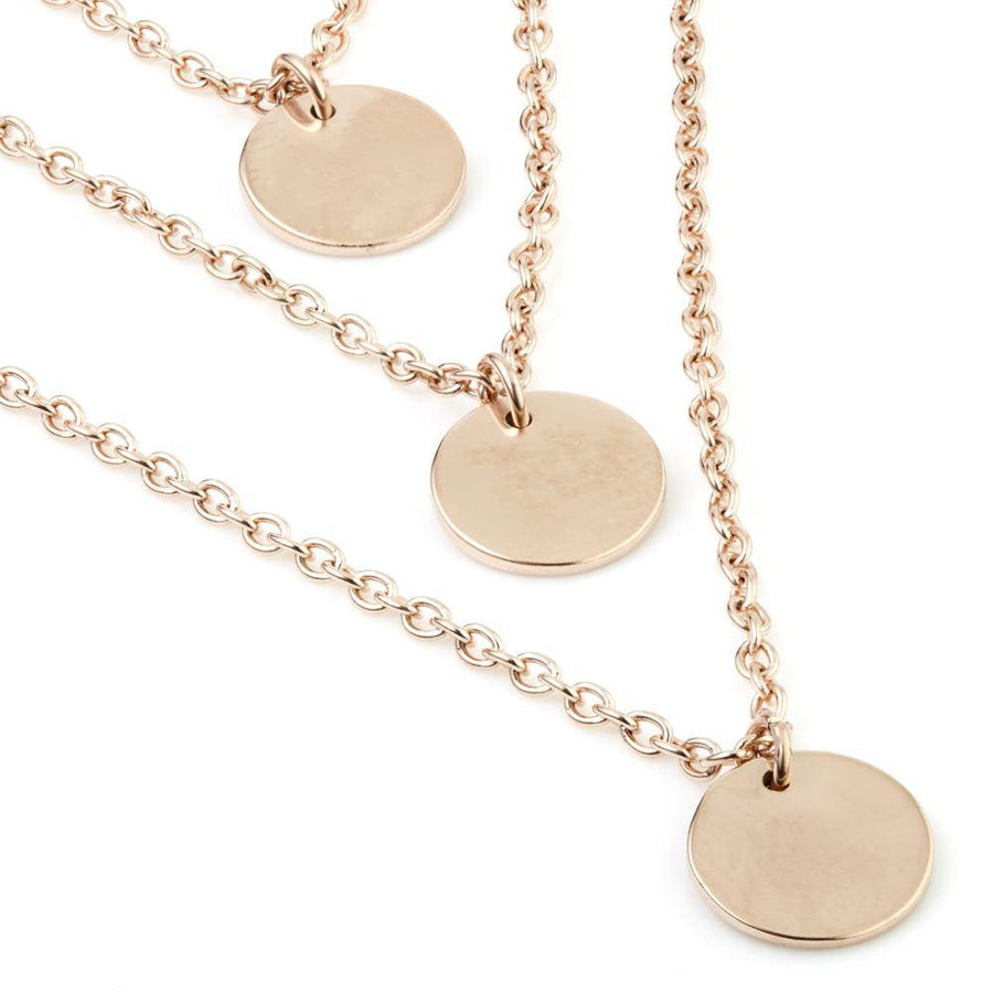 Rose Gold Steel Triple Coin Layered Necklace - ZuZu Jewellery
