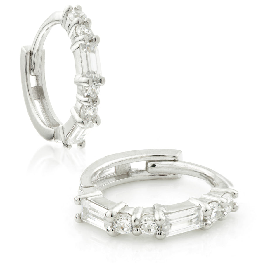Sterling Silver Baguette Crystal Cartilage Huggie Earrings - ZuZu Jewellery