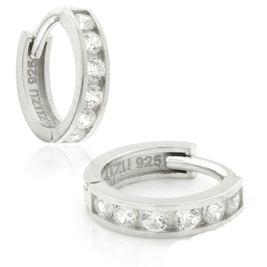 925 Sterling Silver Small Thin Channel Crystal Huggie Hoop Earrings - ZuZu Jewellery