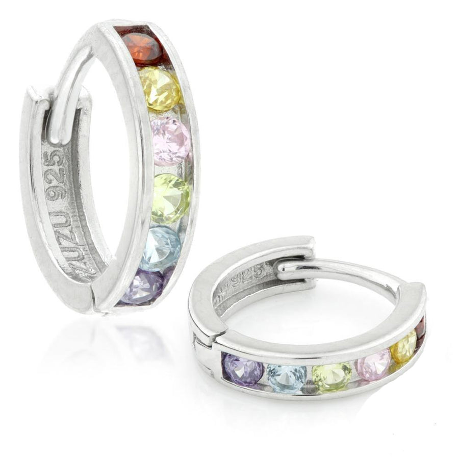 Sterling Silver Small Thin Channel Rainbow Huggie Hoop Earrings - ZuZu Jewellery