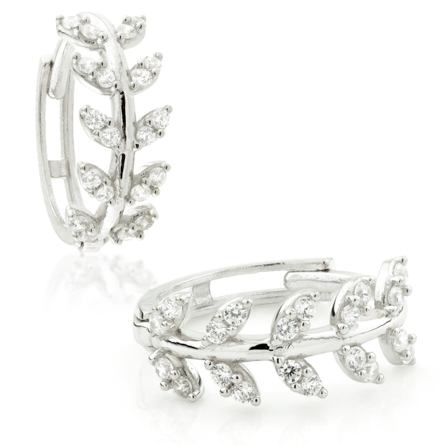 Sterling Silver Crystal Leaf Gem Huggie Hoop Earrings - ZuZu Jewellery