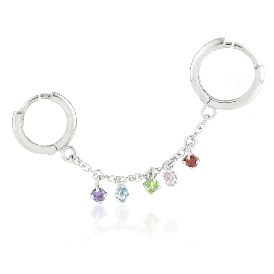Sterling Silver Double Piercing Rainbow CZ Chain-linked Huggie Earring - ZuZu Jewellery