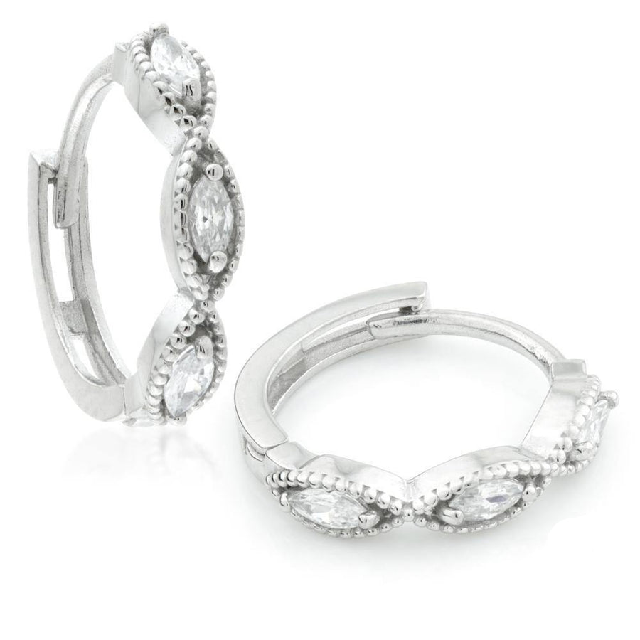 Sterling Silver Milgrain Marquise CZ Hoop Earrings - ZuZu Jewellery