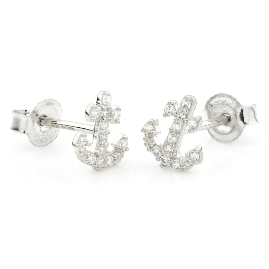 Sterling Silver Crystal Anchor Stud Earrings - ZuZu Jewellery